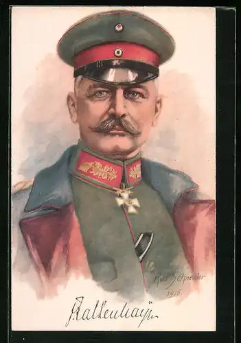 Künstler-AK Heerführer Von Falkenhayn, Portrait in Uniform mit Schirmmütze