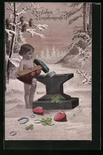 AK Neujahresgruss, Amor schmiedet Hufeisen, Herzen und Kleeblätter