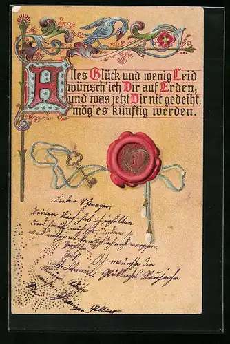 Präge-Lithographie Wachssiegel mit goldenem Schlüssel, Glückwunschkarte