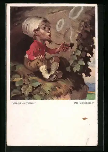 Künstler-AK sign. Untersberger: der Rauchkünstler, Zwerg bläst runde Kreise