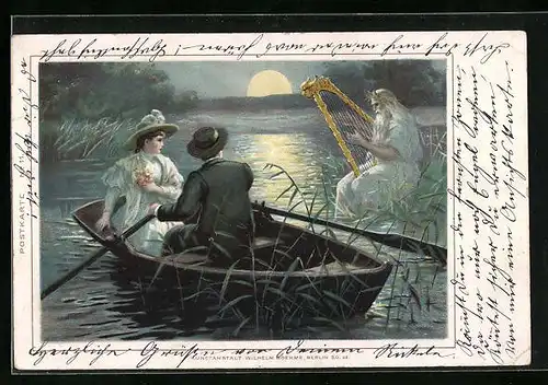 Lithographie Bootsfahrt eines Paares, Mann am Ufer mit einer Harfe