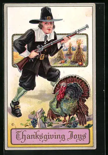 Präge-Lithographie Thanksgiving Joys, Mann in Tracht auf der Jagd nach einem Truthahn