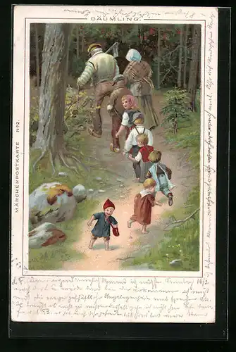 Lithographie Familie geht in den Wald zur Arbeit, Däumling geht in die andere Richtung