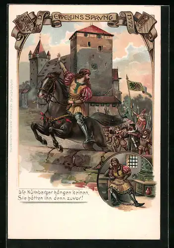 Präge-Lithographie Nürnberg, Eppeleins Sprung 1372, Mann reitet in die Stadt