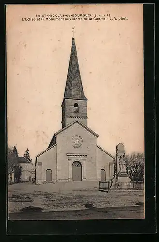 AK Saint-Nicolas-de-Bourgueil, L`Église et le Monument aux Morts de la Guerre