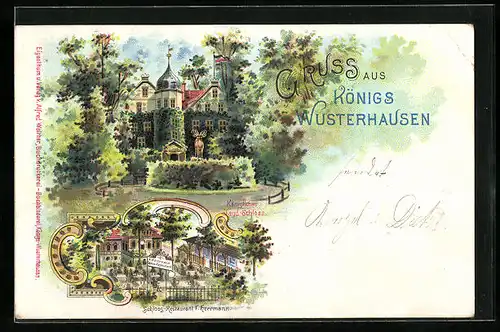 Lithographie Königs Wusterhausen, Schloss-Restaurant F. Herrmann, Königliches Jagdschloss
