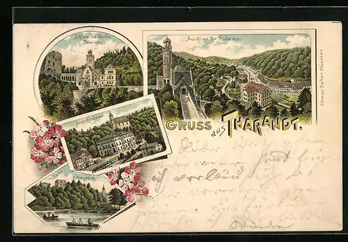 Lithographie Tharandt, Schloss des Grafen Suminski, Forst-Akademie, Ruine u. Schlossteich