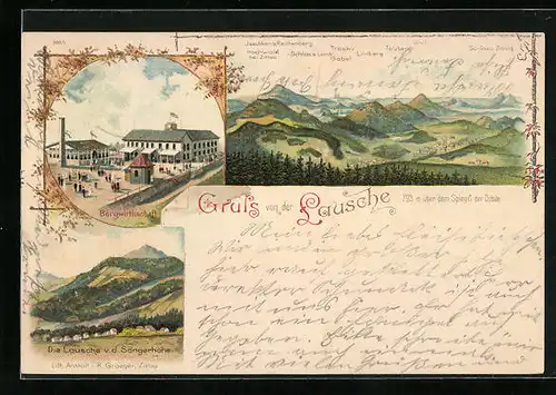 Lithographie Waltersdorf, Berggasthaus Lausche, Bergpanorama mit Schloss Bösig, Trosky und Limberg