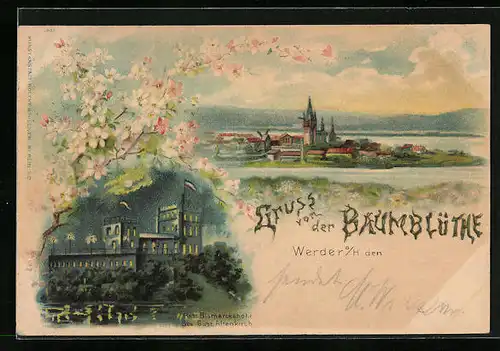 Künstler-AK Werder a. H., Restaurant Bismarckshöhe bei Mondschein, Teilansicht mit Windmühle bei Baumblüte