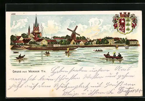 Künstler-AK Werder a. H., Uferpartie mit Kirche, Windmühle u. Booten, Wappen