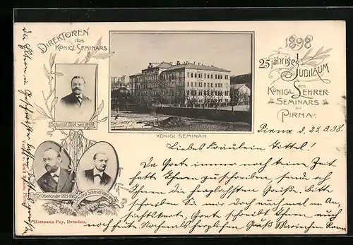 AK Pirna, 25 jähriges Jubiläum des Königlichen Lehrer-Seminars 1898, Schulrat Biel seit 1895, Dr. Oberländer 1873-1885