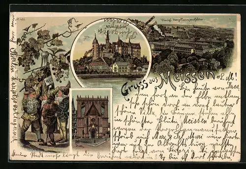 Lithographie Meissen, Königliche Porzellanmanufaktur, Alberechtsburg, Dom