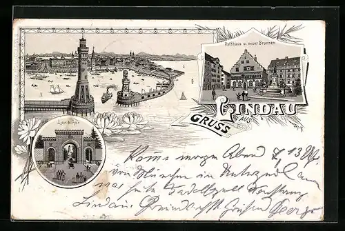 Lithographie Lindau, Einfahrt mit Leuchtturm, Rathaus und neuer Brunnen, Landtor