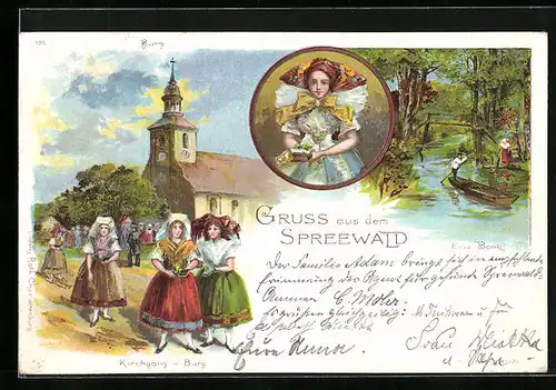 Lithographie Burg /Spreewald, Kirchgang, Eine Bank, Frau in Tracht