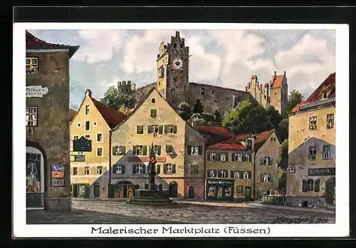 Künstler-AK Vinzenz Marschall: Füssen a. L., Marktplatz mit Geschäften und Brunnen