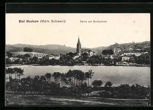 AK Bad Buckow /Märk. Schweiz, Partie am Buckowsee mit Kirche