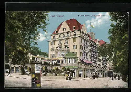 AK Bad Elster, Palast-Hotel Wettiner Hof und Litfasssäule