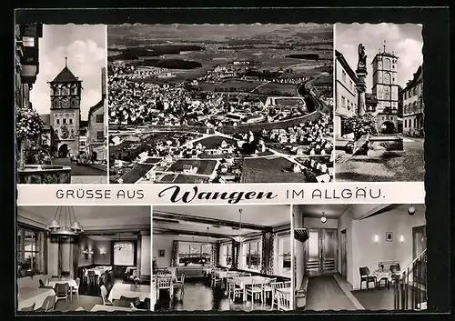 AK Wangen im Allgäu, Fliegeraufnahme der gesamten Stadt, Brunnen auf dem Marktplatz, Hotel Sonnenhof, in der Gaststube