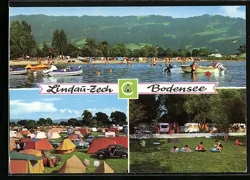AK Lindau-Zech am Bodensee, Badegäste im Freibad, Zelte auf dem Campingplatz