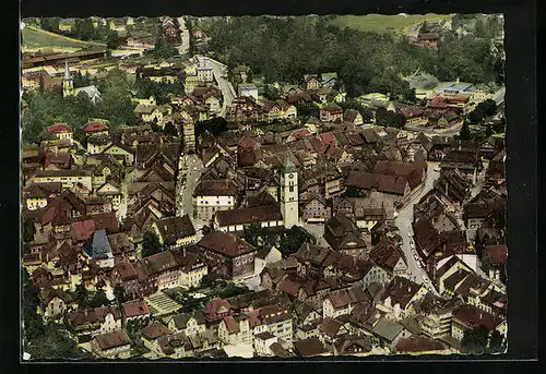 AK Wangen im Allgäu, Blick auf die Stadt, die Kirche in der Stadtmitte, Fliegeraufnahme