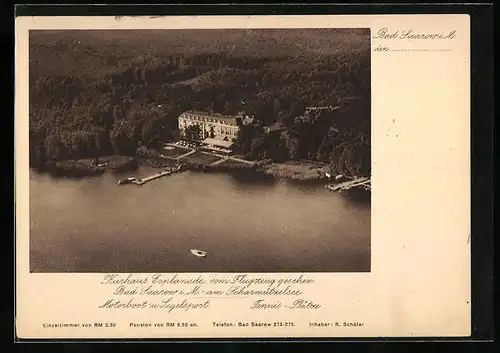 AK Bad Saarow i. M., Kurhaus Esplanade, Fliegeraufnahme mit der Bootsanlegestelle
