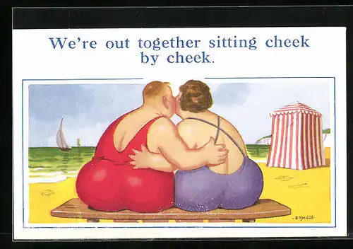 Künstler-AK Donald McGill: We`re out together sitting cheek by cheek