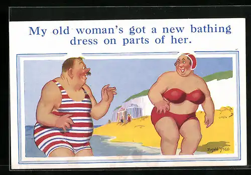 Künstler-AK Donald McGill: My old woman`s got a new bathing dress on parts of her