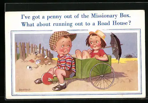 Künstler-AK Donald McGill: I`Ve got a penny out of the Missionary Box. What about running out to a Road House?