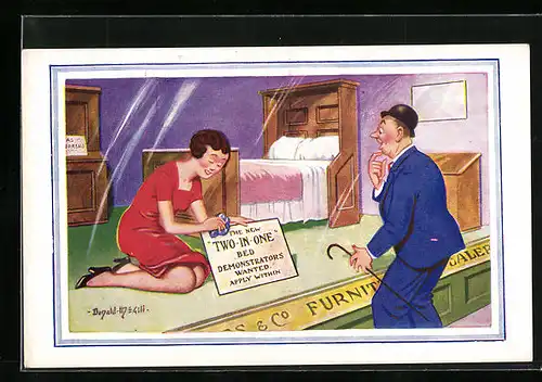 Künstler-AK Donald McGill: Two in One Bed Demonstrators wanted, Woman at the shop
