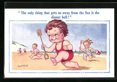 Künstler-AK Donald McGill: The only thing that gets us away from the Sea is the dinner bell!