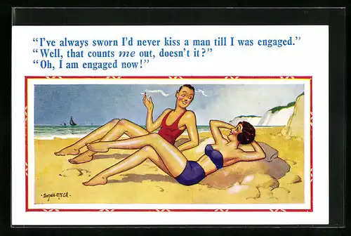 Künstler-AK Donald McGill: Two women lying in the sand, smoking, Swear to never kiss a man till she is engaged