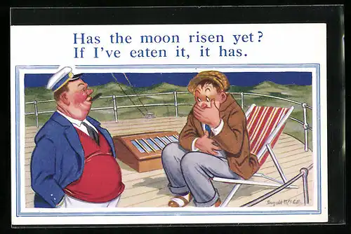 Künstler-AK Donald McGill: Has the moon risen yet? It I`ve eaten it, it has.
