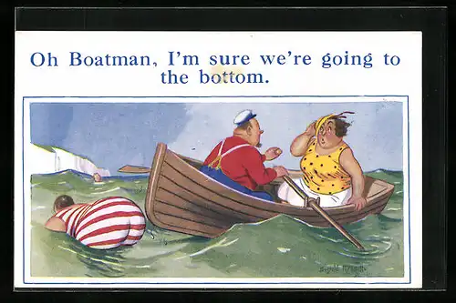 Künstler-AK Donald McGill: Oh Boatman, I`m sure we`re going to the bottom