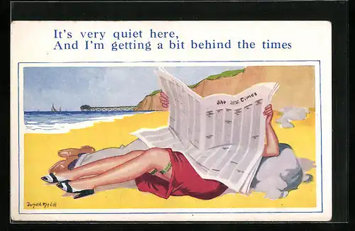 Künstler-AK Donald McGill: It`s very quiet here, ANd I`m getting a bit behind the times.