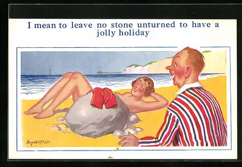 Künstler-AK Donald McGill: Naked woman at the shore, a man wants to turn the stone