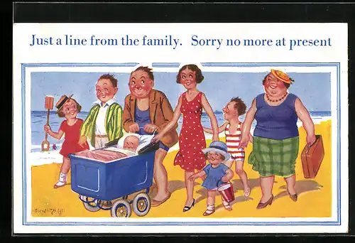 Künstler-AK Donald McGill: Just a line from the family. Sorry no more at present