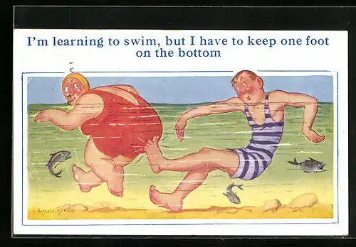 Künstler-AK Donald McGill: I`m learning to swim, but I have to keep one foot on the bottom