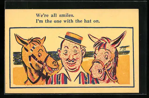 Künstler-AK Donald McGill: Mann with two horses, they are all smiling