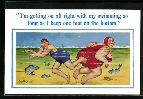 Künstler-AK Donald McGill: I`m getting on all right with my swimming so long as I keep one foot on the bottom