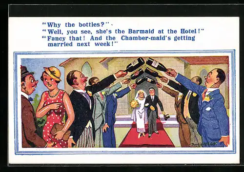 Künstler-AK Donald McGill: Why the bottles, Barmaid at the Hotel