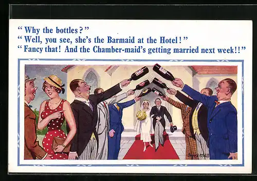 Künstler-AK Donald McGill: Why the Bottles? Barmaid at her Wedfding