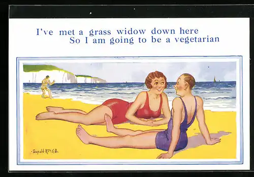 Künstler-AK Donald McGill: I`ve met a grass widow down here. So I am going to be a vegetarian
