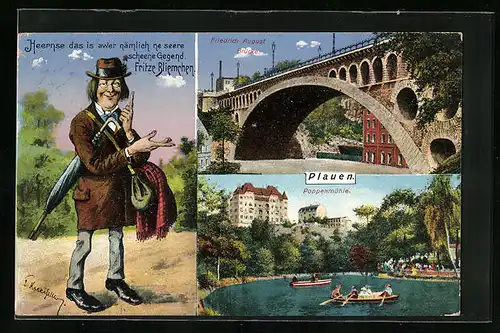 AK Plauen, Restaurant Poppenmühle, Friedrich August Brücke, Herr mit Schirm