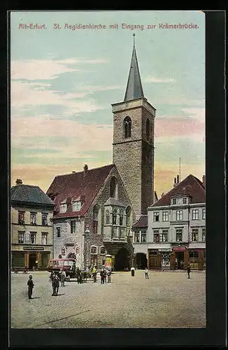 AK Alt-Erfurt, St. Aegidienkirche mit Geschäften und Eingang zur Krämerbrücke