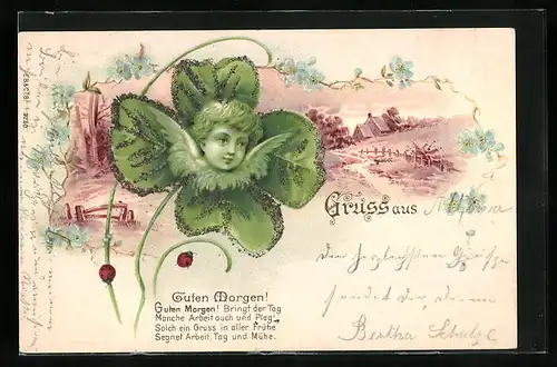 Glitzer-AK Engel in einem Kleeblatt vor Landschaft