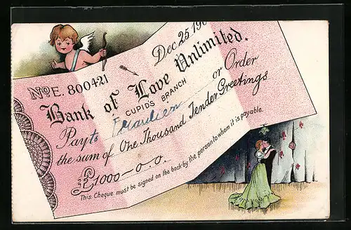 AK Scheck der Bank of Love Unlimited, Amor und Liebespaar