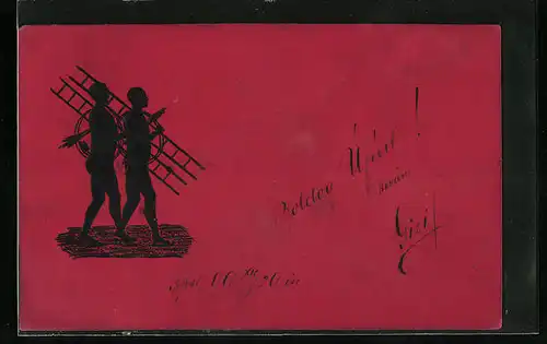 Präge-AK Schattenbild, Zwei Schornsteinfeger mit Leitern und Besen
