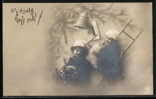 AK Zwei Schornsteinfeger mit Leitern und Geldsack, Neujahrsgruss