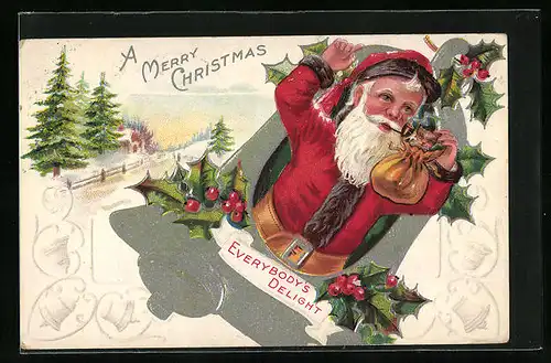 Präge-AK Weihnachtsmann mit Kätzchen im Sack in einer Glocke, Weihnachtsgruss