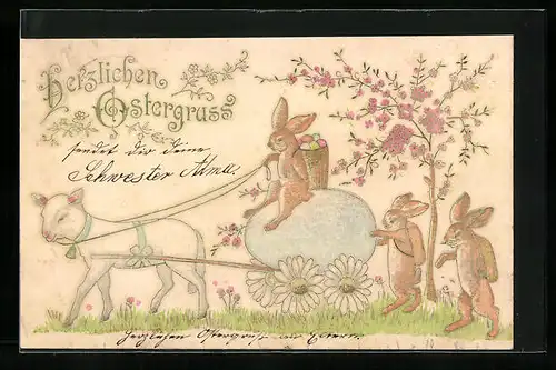 Präge-AK Osterhase mit Osterkorb und Lämmergespann, Ostergruss